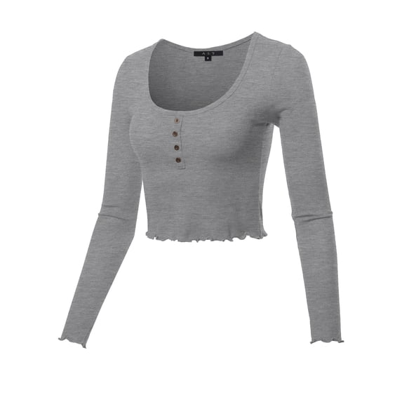 A2Y Women's Cropped Scoop Neck Long Sleeve Merrow Edge Thermal Tops Tee Deep H Grey S