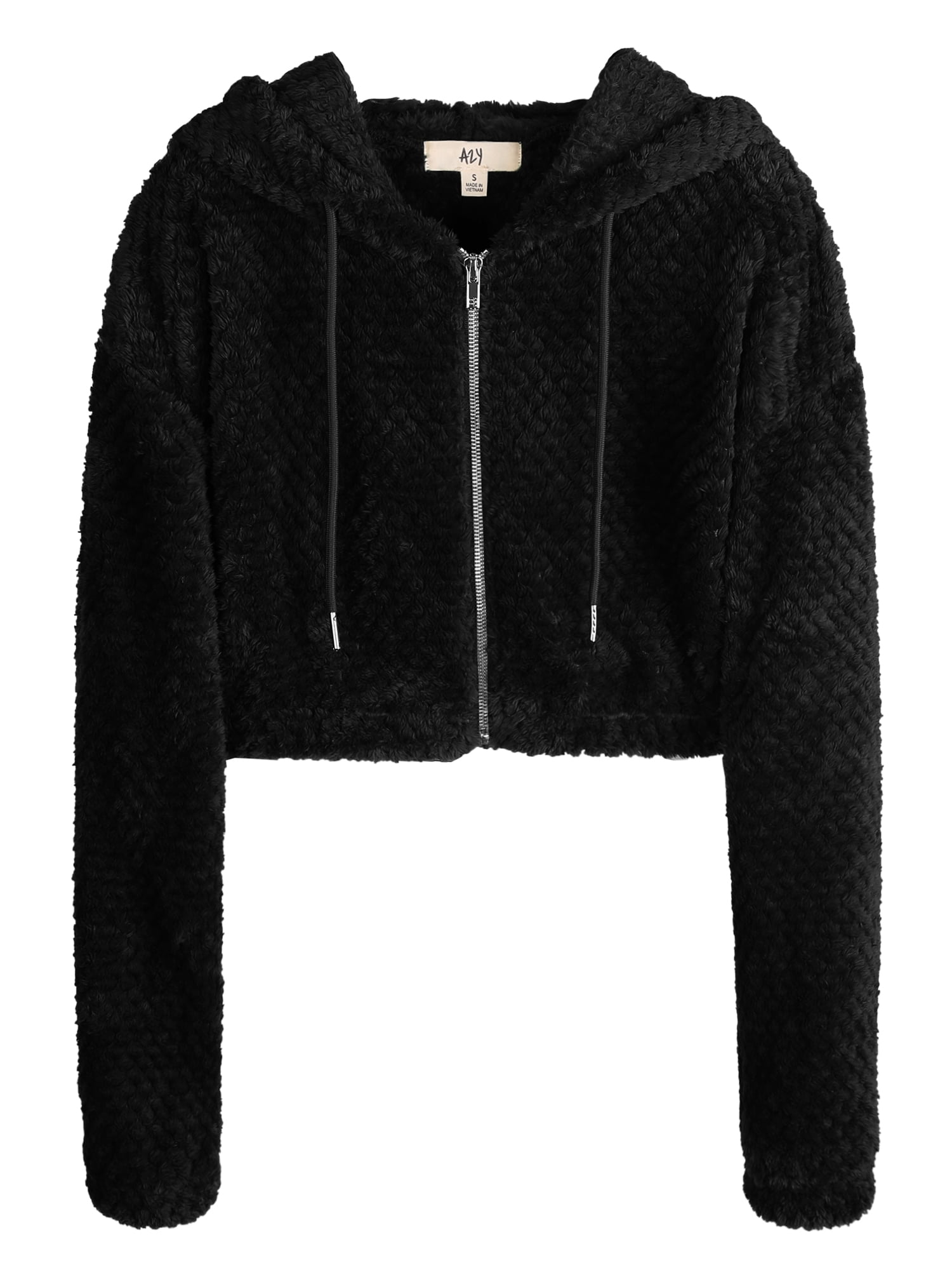 A2Y Women's Cropped Sherpa Furry Zipper Closure Hoodie Black S