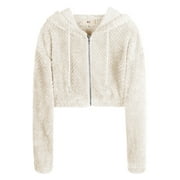 A2Y Women's Cropped Sherpa Furry Zipper Closure Hoodie Cream M