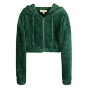A2Y Women's Cropped Sherpa Furry Zipper Closure Hoodie Green S