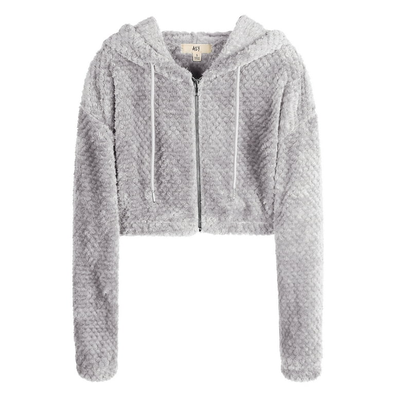 A2Y Women s Cropped Sherpa Furry Zipper Closure Hoodie Light Grey M