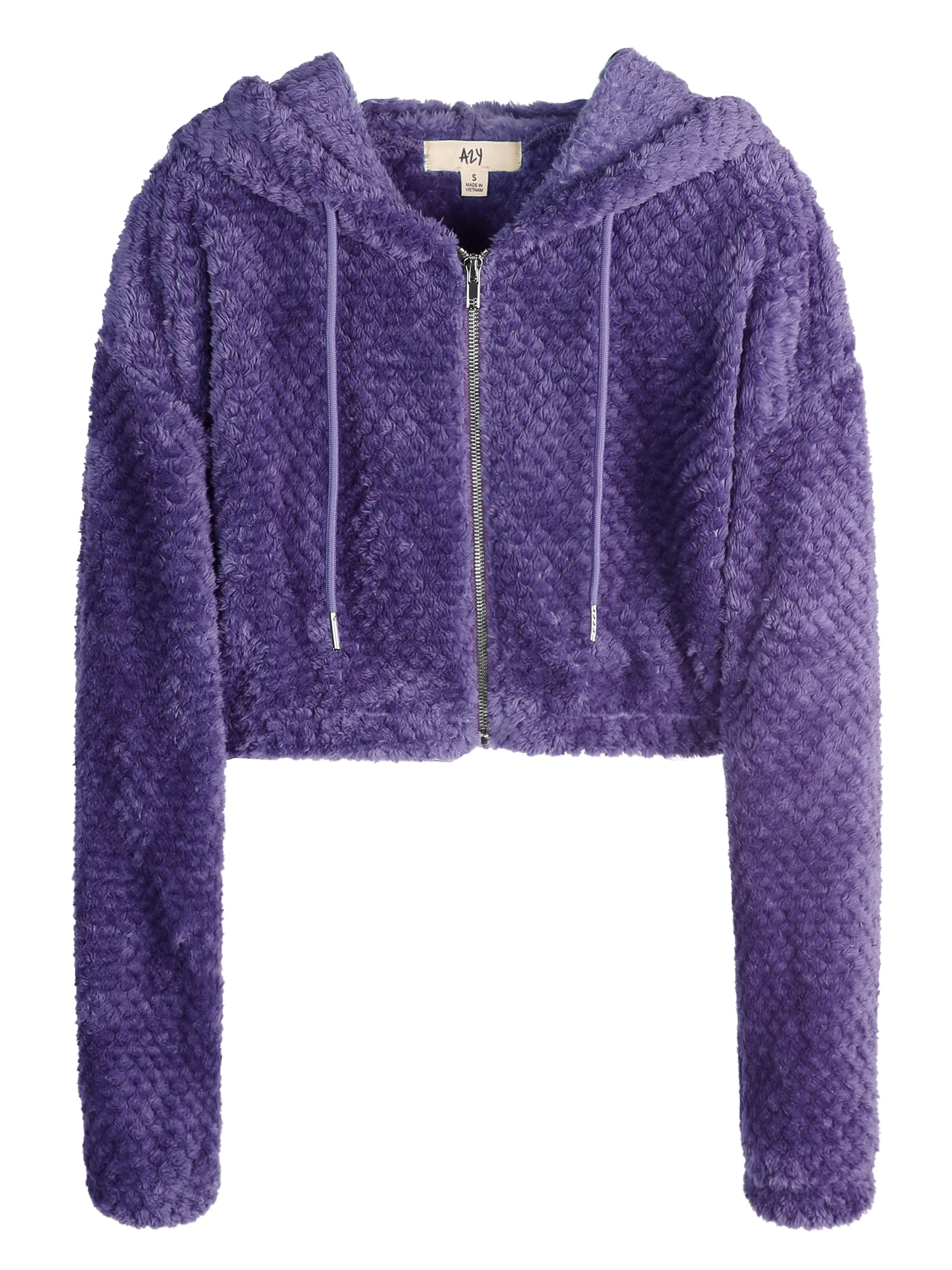 A2Y Women's Cropped Sherpa Furry Zipper Closure Hoodie Purple M