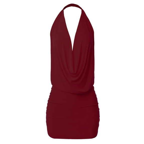 A2Y Women's Deep Sexy V-Neck Halter Backless Party Club Mini Dress Burgundy S