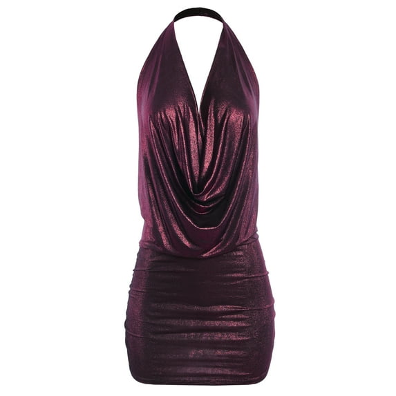 A2Y Women's Deep Sexy V-Neck Halter Backless Party Club Mini Dress Foil Magenta 3XL