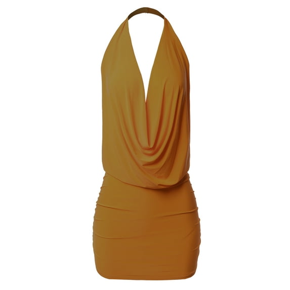 A2Y Women's Deep Sexy V-Neck Halter Backless Party Club Mini Dress Mustard 3XL
