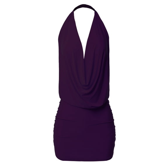 A2Y Women's Deep Sexy V-Neck Halter Backless Party Club Mini Dress Purple L