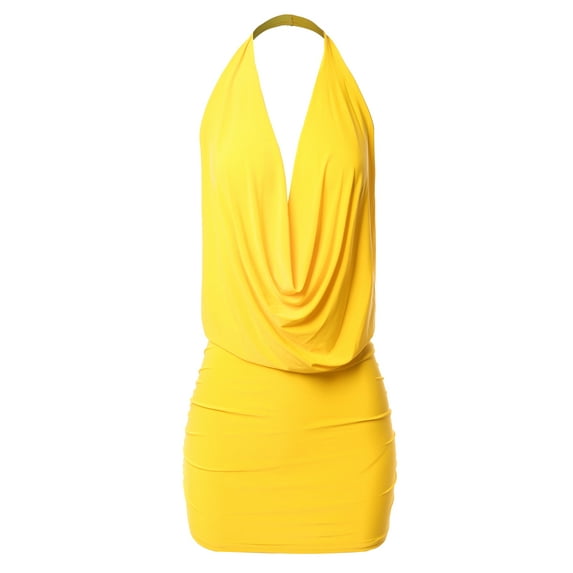 A2Y Women's Deep Sexy V-Neck Halter Backless Party Club Mini Dress Yellow M