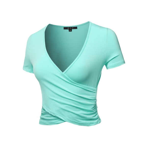 A2Y Women's Deep V-Neck Short Sleeve Unique Slim Fit Cross Wrap Shirt Crop Tops Mint L