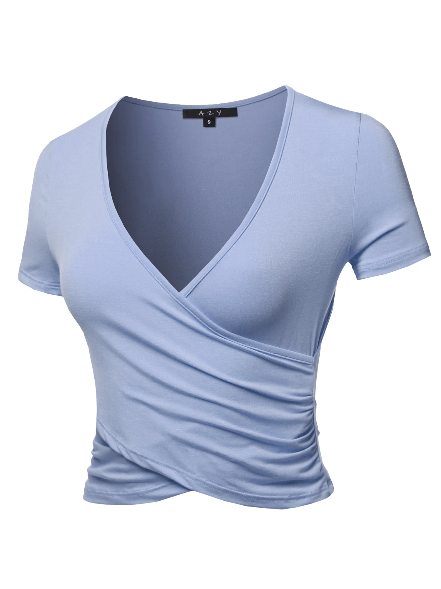 A2Y Women's Deep V-Neck Short Sleeve Unique Slim Fit Cross Wrap Shirt ...