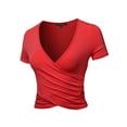 thumbnail image 1 of A2Y Women's Deep V-Neck Short Sleeve Unique Slim Fit Cross Wrap Shirt Crop Tops Red S, 1 of 6