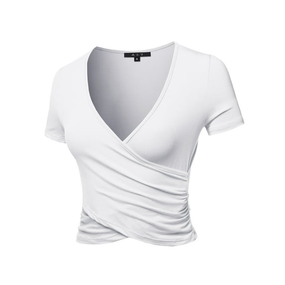 A2Y Women's Deep V-Neck Short Sleeve Unique Slim Fit Cross Wrap Shirt Crop Tops White L