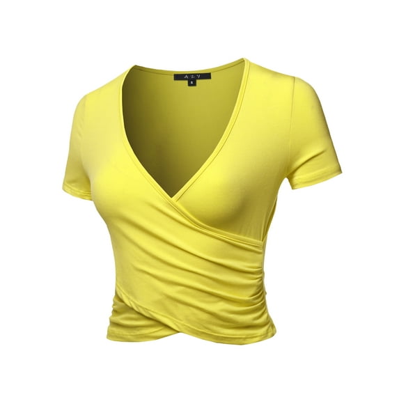 A2Y Women's Deep V-Neck Short Sleeve Unique Slim Fit Cross Wrap Shirt Crop Tops Yellow L