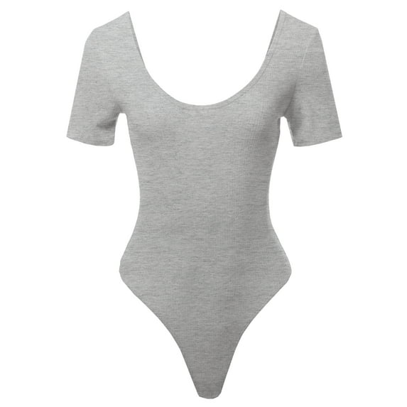 A2Y Women's Double Scoop Neck Short Sleeve Ribbed Button Closure Bodysuit Heather Grey M