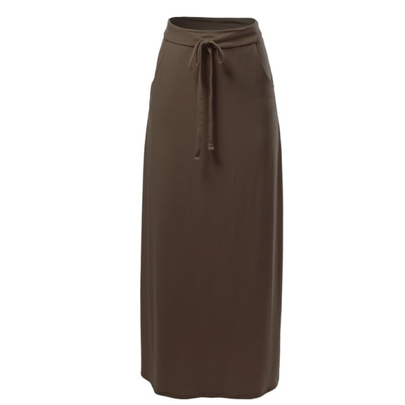 A2Y Women's Drawstring Waist Side Pockets Rayon Maxi Skirt Americano S