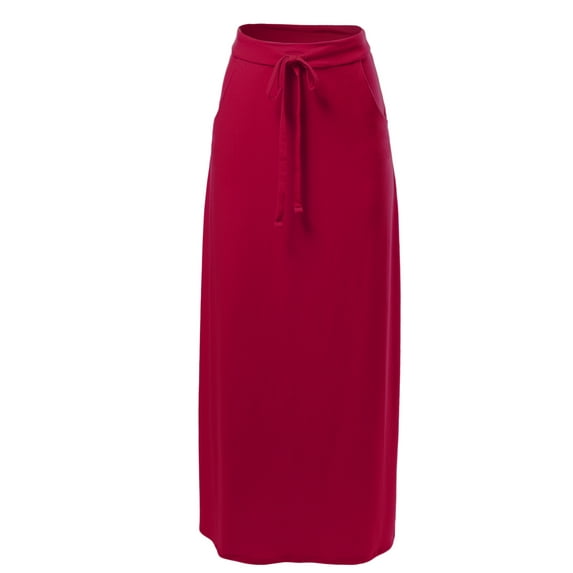 A2Y Women's Drawstring Waist Side Pockets Rayon Maxi Skirt Burgundy XL