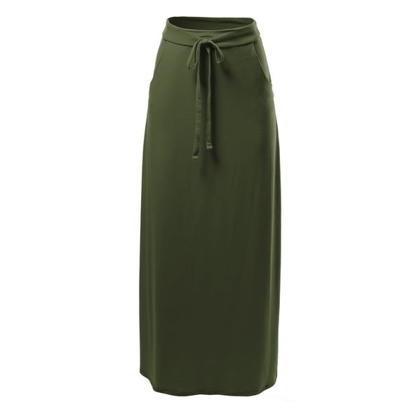 A2Y Women's Drawstring Waist Side Pockets Rayon Maxi Skirt Dark Olive XL