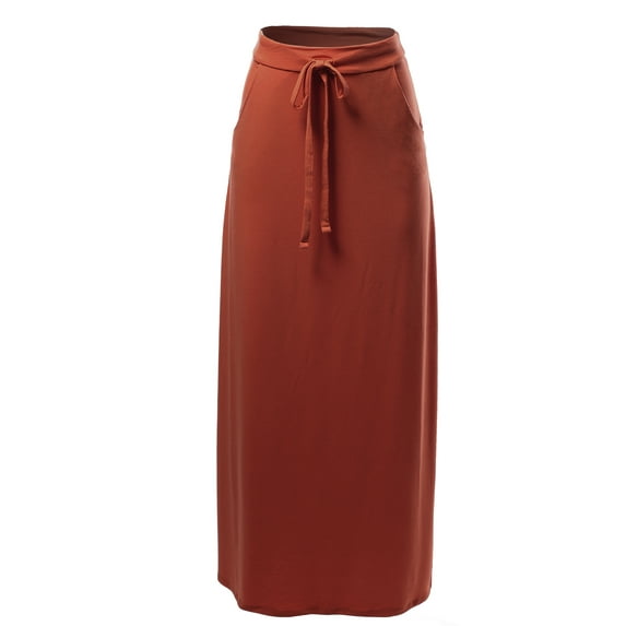 A2Y Women's Drawstring Waist Side Pockets Rayon Maxi Skirt Dark Rust 1XL