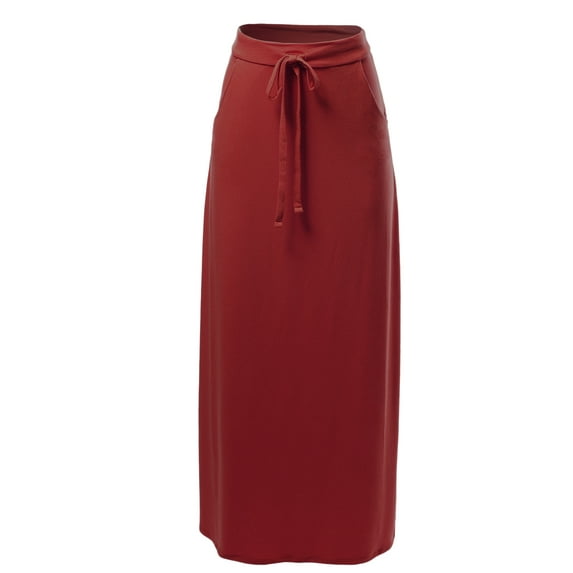 A2Y Women's Drawstring Waist Side Pockets Rayon Maxi Skirt Fired Brick 3XL