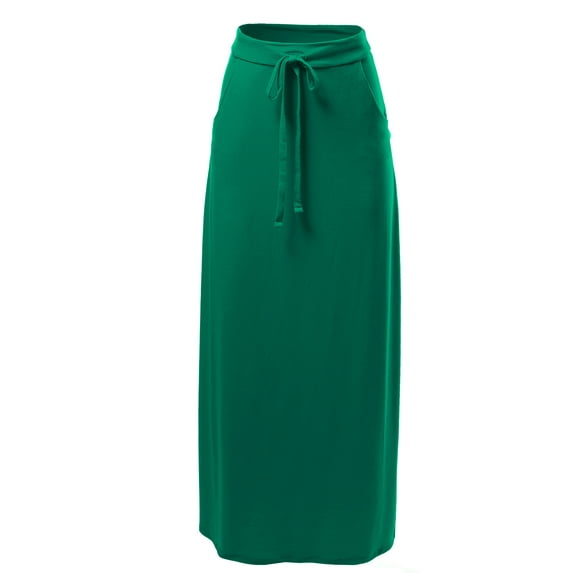 A2Y Women's Drawstring Waist Side Pockets Rayon Maxi Skirt Forest Green 2XL