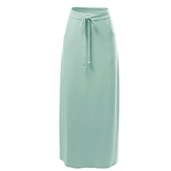 A2Y Women's Drawstring Waist Side Pockets Rayon Maxi Skirt Light Green 1XL