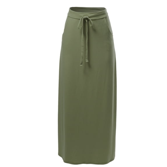 A2Y Women's Drawstring Waist Side Pockets Rayon Maxi Skirt Light Olive XL