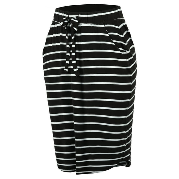 A2Y Women's Elastic Waist Self Tie Tulip Hem Side Pocket Skirt Black Ivory 3XL