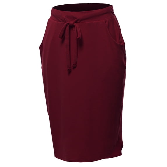 A2Y Women's Elastic Waist Self Tie Tulip Hem Side Pocket Skirt Dark Burgundy M