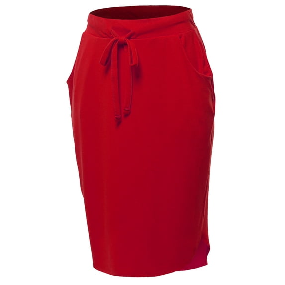 A2Y Women's Elastic Waist Self Tie Tulip Hem Side Pocket Skirt Dark Red 3XL