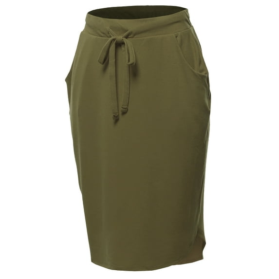 A2Y Women's Elastic Waist Self Tie Tulip Hem Side Pocket Skirt Dusty Olive M