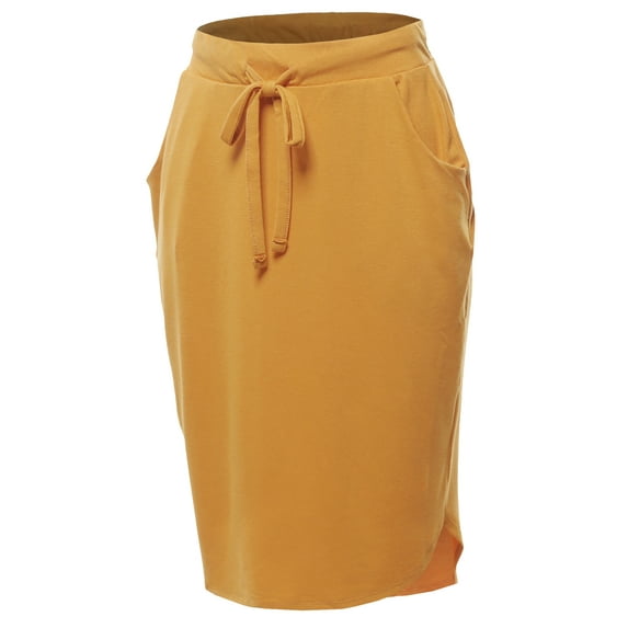 A2Y Women's Elastic Waist Self Tie Tulip Hem Side Pocket Skirt Golden Mustard 1XL