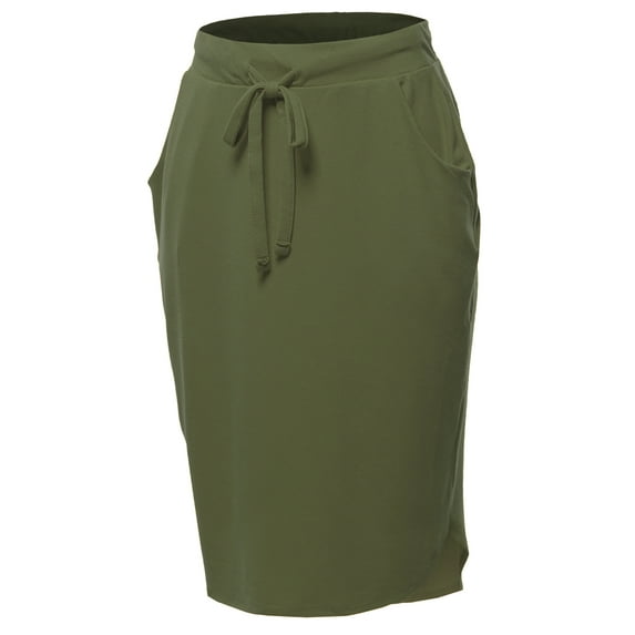A2Y Women's Elastic Waist Self Tie Tulip Hem Side Pocket Skirt Light Olive 4XL