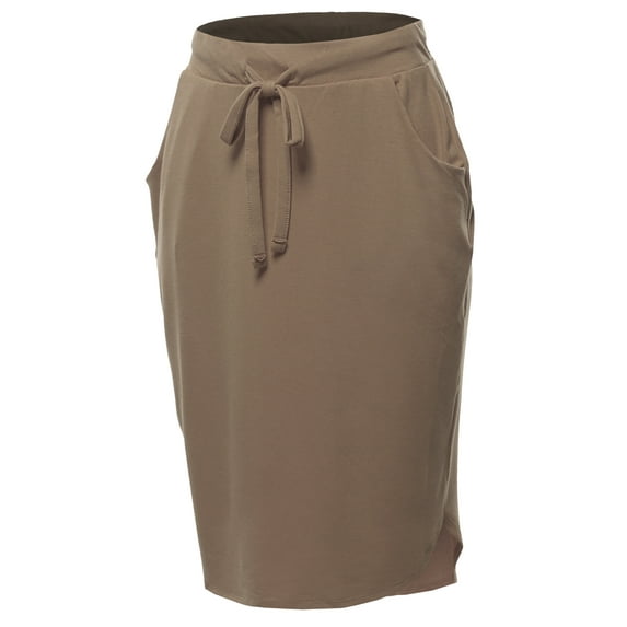 A2Y Women's Elastic Waist Self Tie Tulip Hem Side Pocket Skirt Mocha M