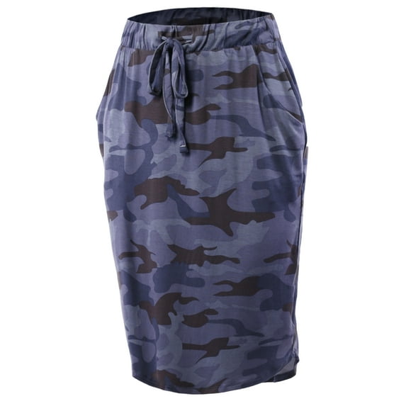 A2Y Women's Elastic Waist Self Tie Tulip Hem Side Pocket Skirt Navy Camouflage M