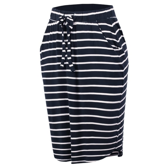 A2Y Women's Elastic Waist Self Tie Tulip Hem Side Pocket Skirt Navy Ivory 3XL