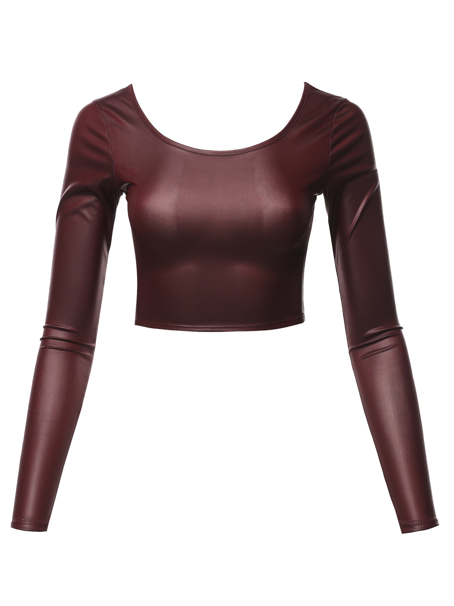 A2Y Women's Faux Leather Double Scoop Neck Long Sleeve Crop Top Burgundy M