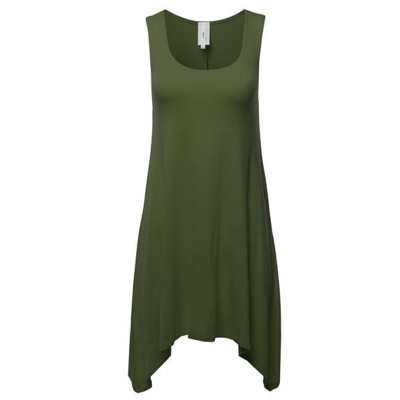A2Y Women's Fit Flare Scoop Neck Handkerchief Hem Tunic Tank Top Dress Olive S
