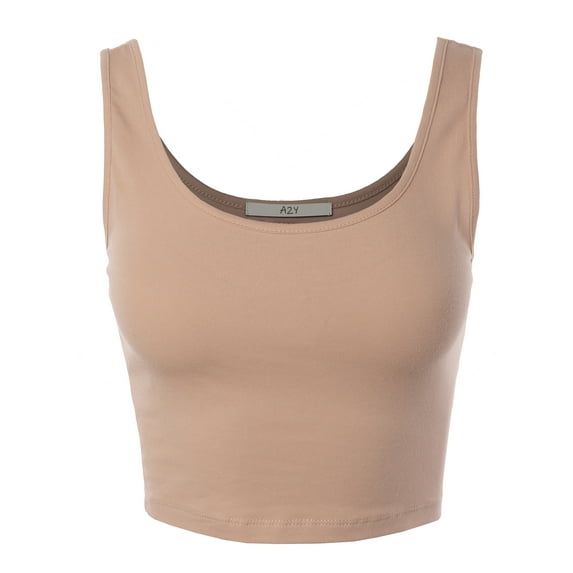 A2Y Women's Fitted Cotton Scoop Neck Sleeveless Crop Tank Top Oyster L