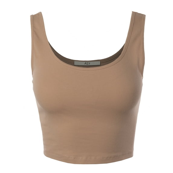 A2Y Women's Fitted Cotton Scoop Neck Sleeveless Crop Tank Top Taupe S
