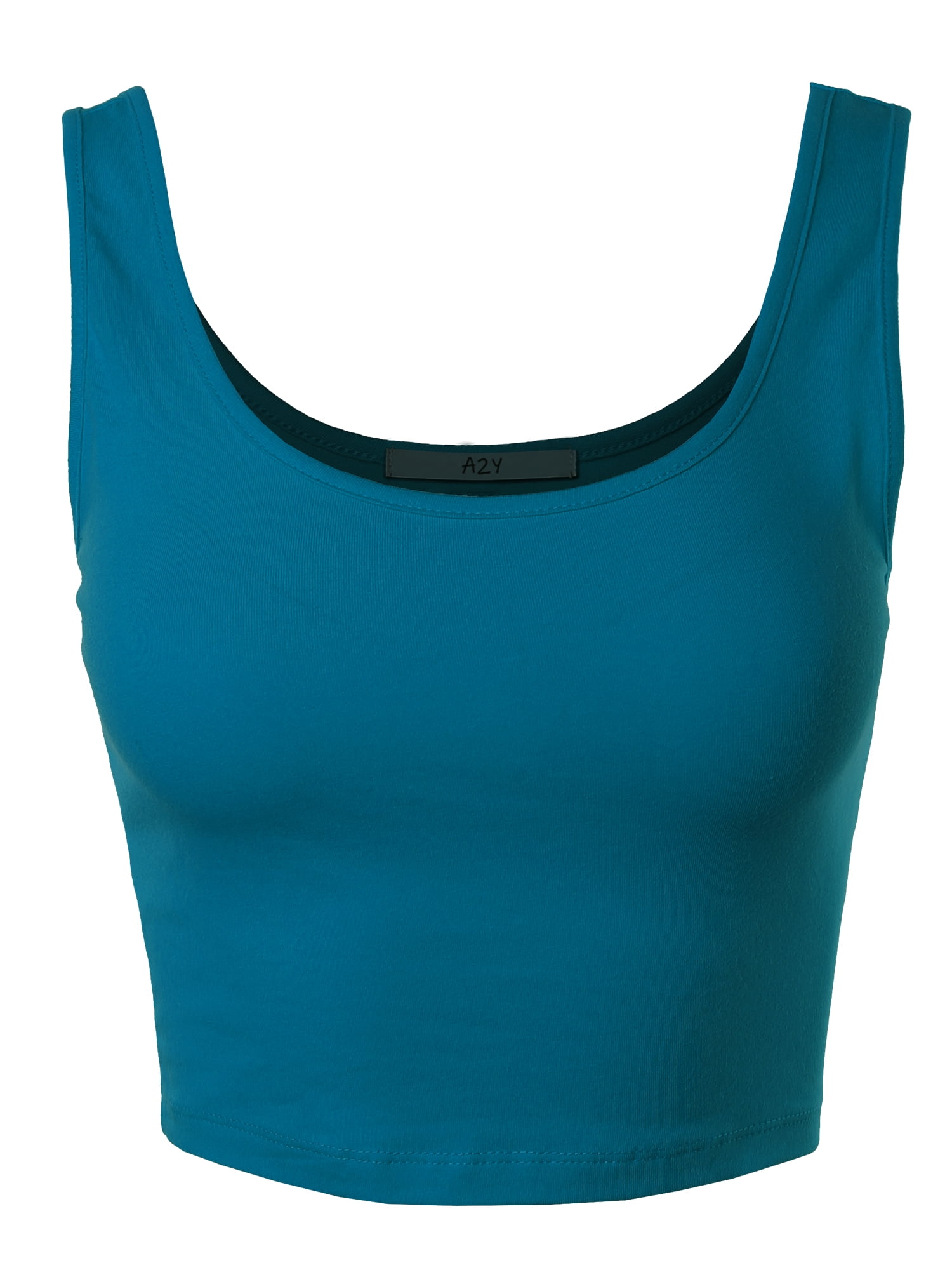 A2Y Women's Fitted Cotton Scoop Neck Sleeveless Crop Tank Top Turquoise M