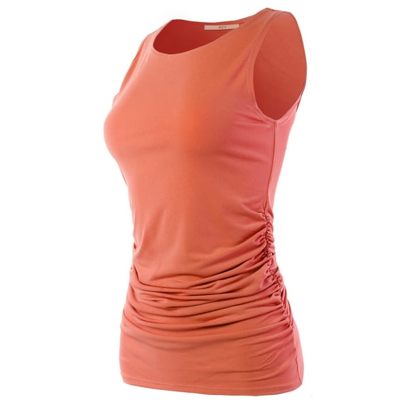 A2Y Women's Fitted Premium Fabric Side Ruched Sleeveless Top Deep Coral M