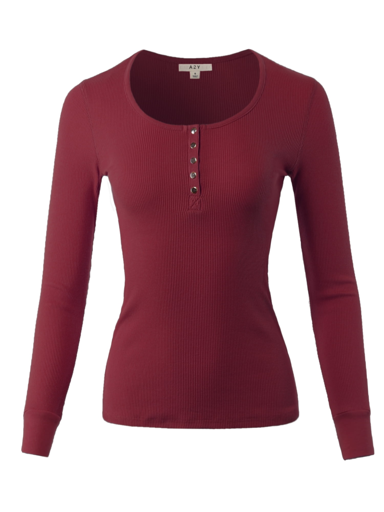 A2Y Women's Fitted Snap Button Henley Crew Neck Long Sleeve