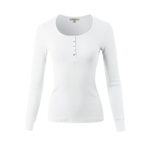 A2Y Women's Fitted Snap Button Henley Crew Neck Long Sleeve Thermal Knit Tops White M