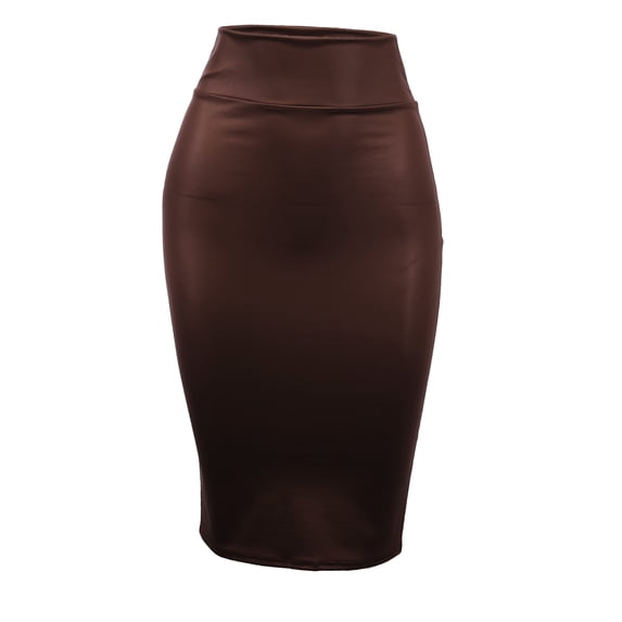 A2Y Women's Fitted Solid High Waist Back Slit Stretchable Midi Skirt Brown L