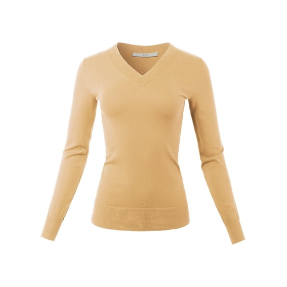 A2Y Women's Fitted V-Neck Long Sleeve Premium Pullover Viscose Sweater Taupe M