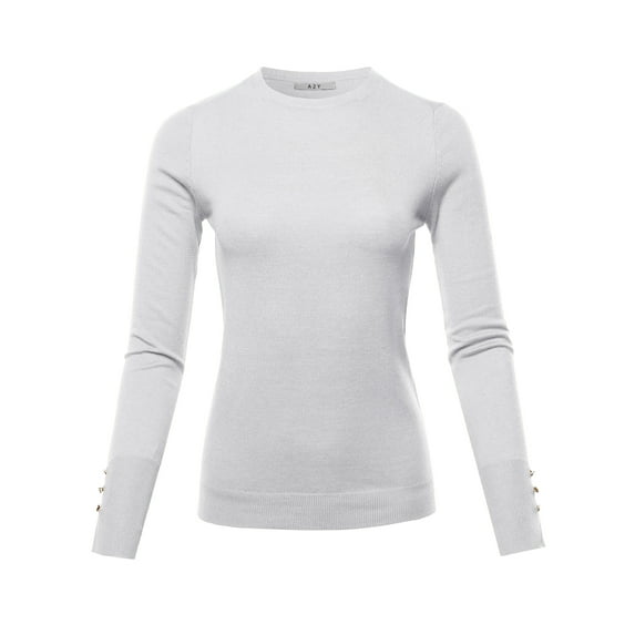 A2Y Women's Fitted Viscose Crew Neck Long Sleeve Metal Button Detail Sweater Off White L
