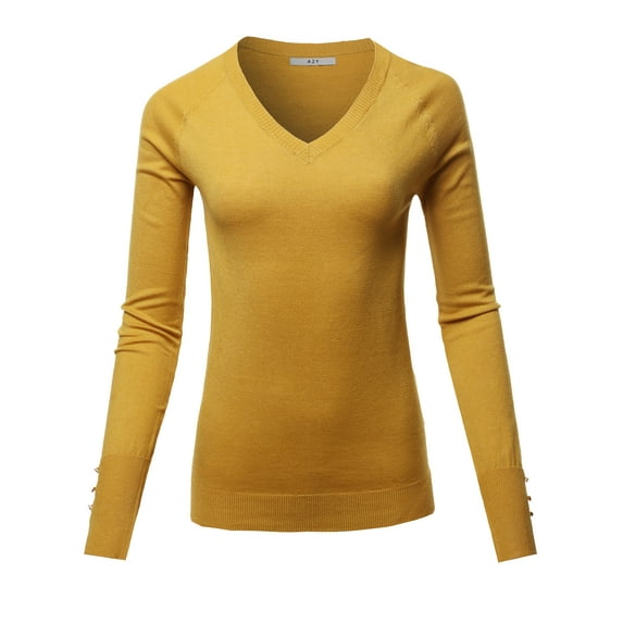 A2Y Women's Fitted Viscose V-Neck Long Sleeve Metal Button Detail Sweater Mustard M