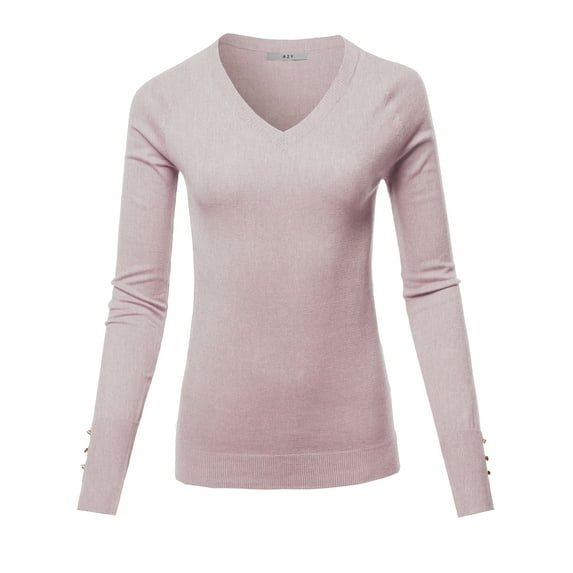 A2Y Women's Fitted Viscose V-Neck Long Sleeve Metal Button Detail Sweater Pink L