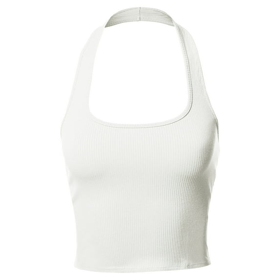 A2Y Women's Halter Neck Heavy Rib Rayon Spandex Crop Top Ivory S