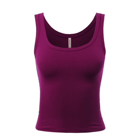 A2Y Women's Heavyweight Solid Double Scoop Neck Rib Cropped Tank Top Magenta M
