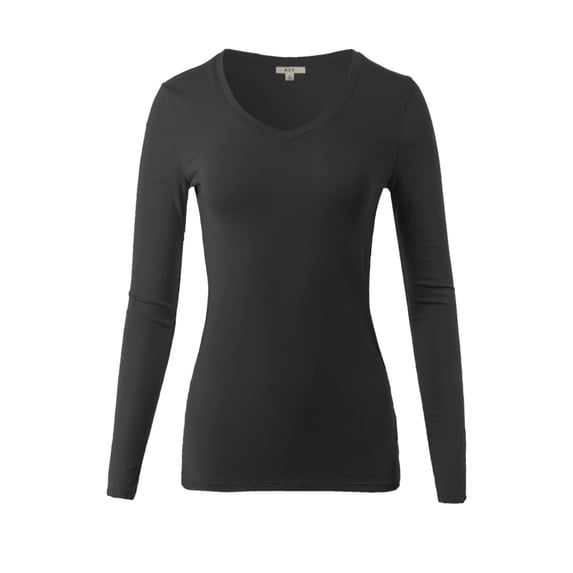 A2Y Women's Junior Slim Fit Basic Solid Cotton Long Sleeve V-neck Top Shirt Black S
